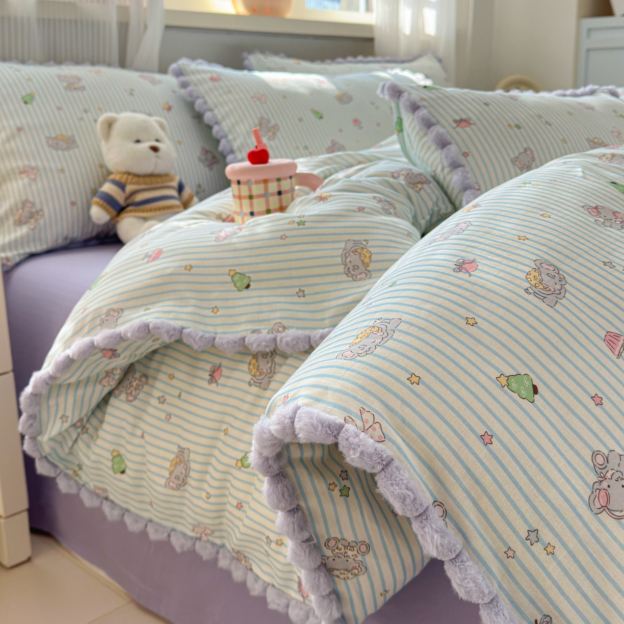 丽涵家纺 2026新款全棉双层纱全棉纯棉大雁纹毛球花边四件套 音乐小象-紫