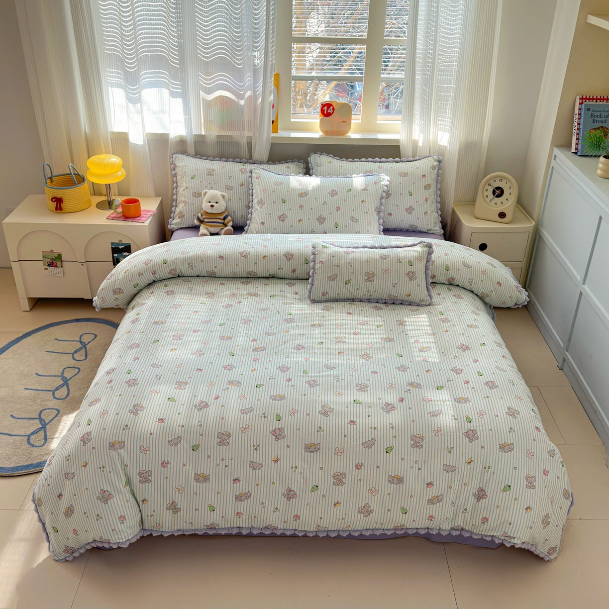 91家纺网 家纺一手货源 找家纺 丽涵家纺 2026新款全棉双层纱全棉纯棉大雁纹毛球花边四件套 音乐小象-紫