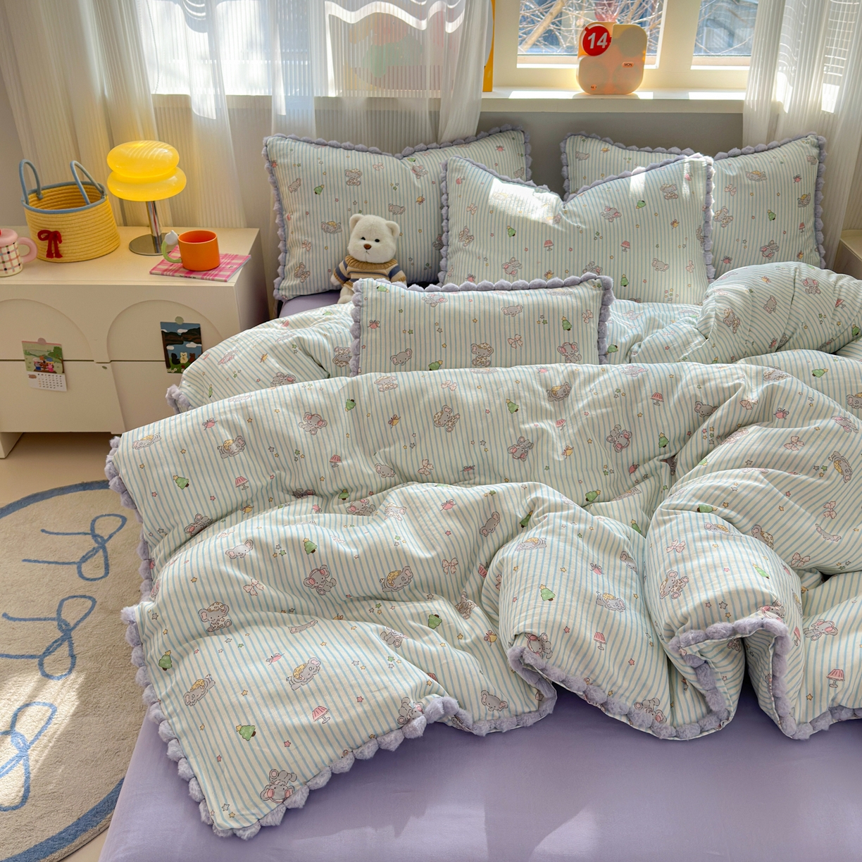 91家纺网 家纺一手货源 找家纺 丽涵家纺 2026新款全棉双层纱全棉纯棉大雁纹毛球花边四件套 音乐小象-紫