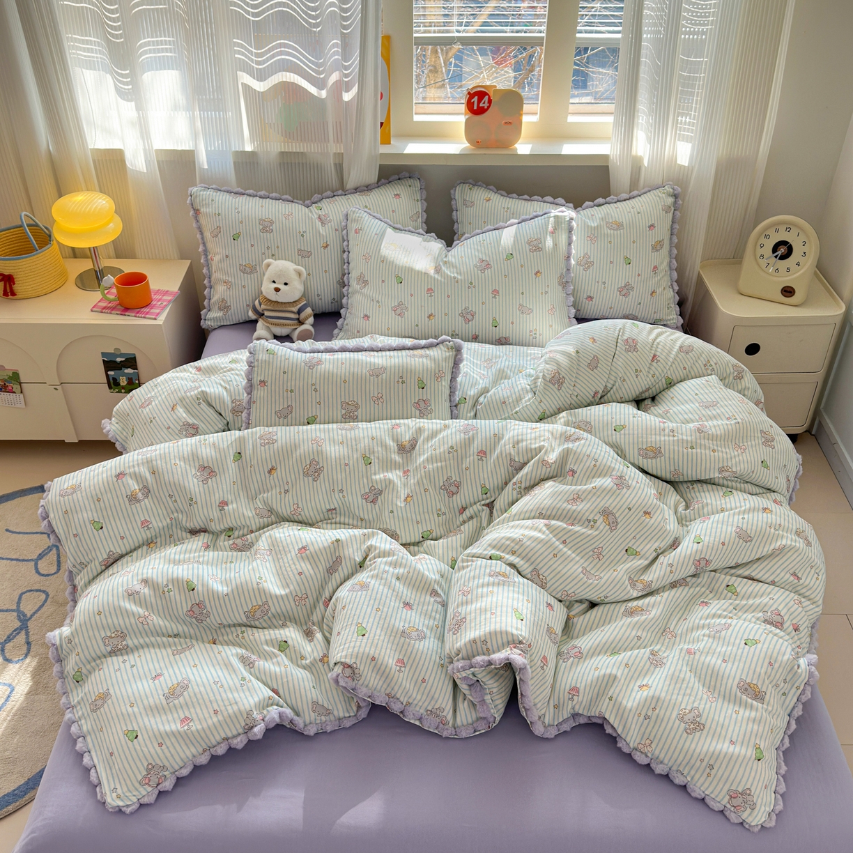 91家纺网 家纺一手货源 找家纺 丽涵家纺 2026新款全棉双层纱全棉纯棉大雁纹毛球花边四件套 音乐小象-紫