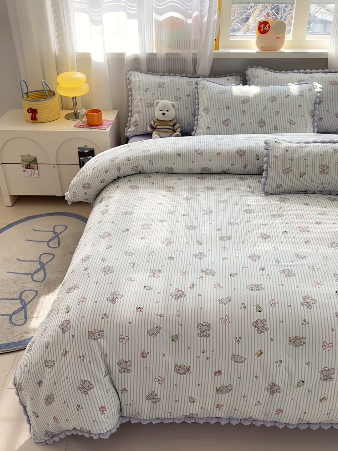 91家纺网 家纺一手货源 找家纺 丽涵家纺 2026新款全棉双层纱全棉纯棉大雁纹毛球花边四件套 音乐小象-紫