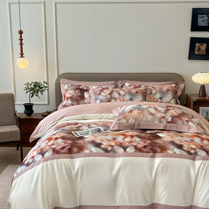 91家纺网 家纺一手货源 找家纺 金牛座家纺 2026新款高克重细斜纹丝柔质感亲肤数码印花宽边四件套-庄生晓梦 庄生晓梦-浅豆沙