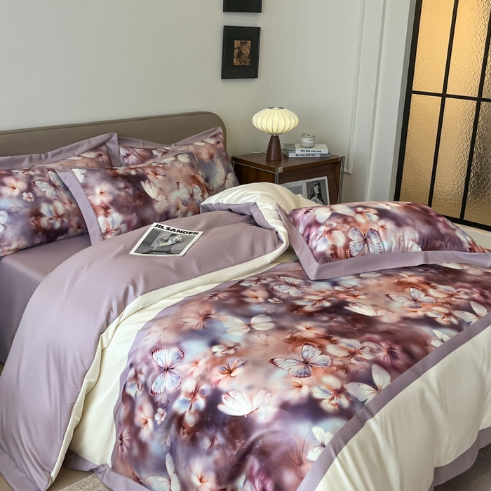 金牛座家纺 2026新款高克重细斜纹丝柔质感亲肤数码印花宽边四件套-庄生晓梦 庄生晓梦-浅紫