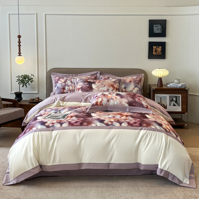 91家纺网 家纺一手货源 找家纺 金牛座家纺 2026新款高克重细斜纹丝柔质感亲肤数码印花宽边四件套-庄生晓梦 庄生晓梦-浅紫