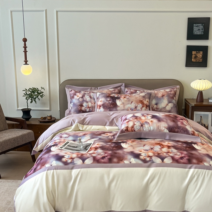 91家纺网 家纺一手货源 找家纺 金牛座家纺 2026新款高克重细斜纹丝柔质感亲肤数码印花宽边四件套-庄生晓梦 庄生晓梦-浅紫