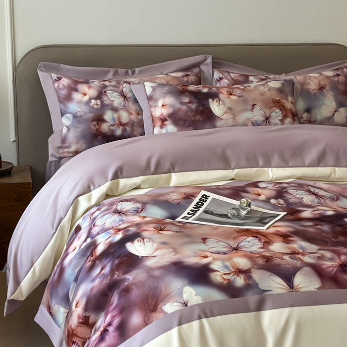 91家纺网 家纺一手货源 找家纺 金牛座家纺 2026新款高克重细斜纹丝柔质感亲肤数码印花宽边四件套-庄生晓梦 庄生晓梦-浅紫