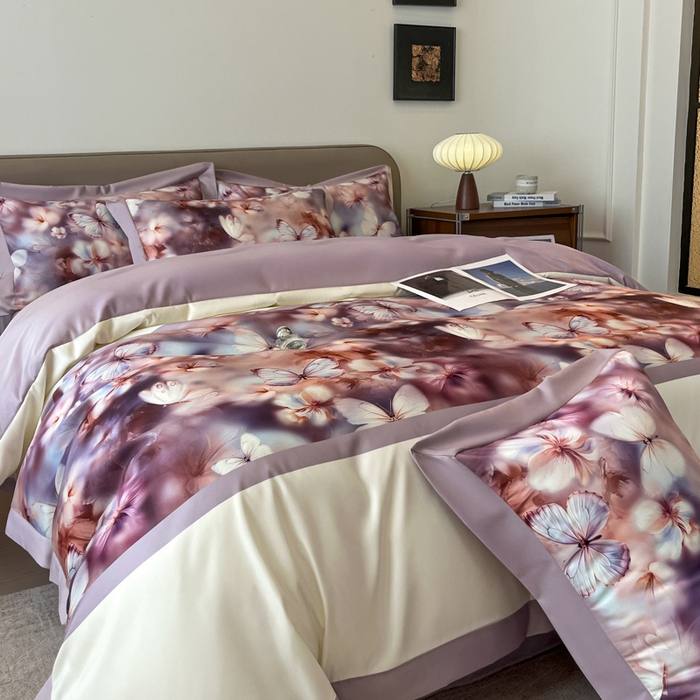 91家纺网 家纺一手货源 找家纺 金牛座家纺 2026新款高克重细斜纹丝柔质感亲肤数码印花宽边四件套-庄生晓梦 庄生晓梦-浅紫