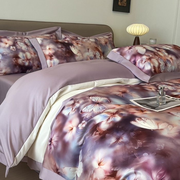 91家纺网 家纺一手货源 找家纺 金牛座家纺 2026新款高克重细斜纹丝柔质感亲肤数码印花宽边四件套-庄生晓梦 庄生晓梦-浅紫