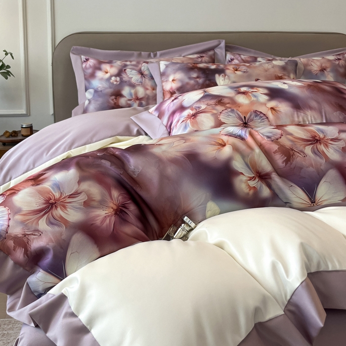 91家纺网 家纺一手货源 找家纺 金牛座家纺 2026新款高克重细斜纹丝柔质感亲肤数码印花宽边四件套-庄生晓梦 庄生晓梦-浅紫