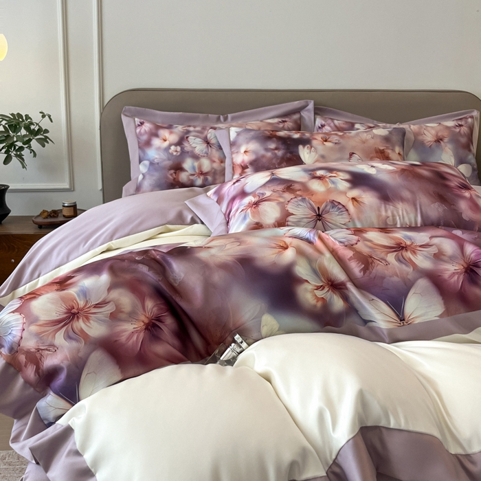 91家纺网 家纺一手货源 找家纺 金牛座家纺 2026新款高克重细斜纹丝柔质感亲肤数码印花宽边四件套-庄生晓梦 庄生晓梦-浅紫