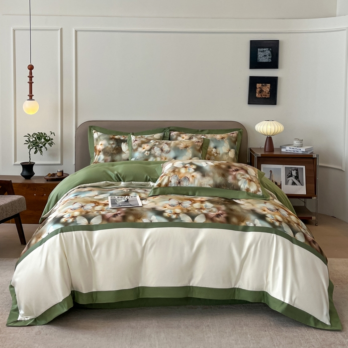 91家纺网 家纺一手货源 找家纺 金牛座家纺 2026新款高克重细斜纹丝柔质感亲肤数码印花宽边四件套-庄生晓梦 庄生晓梦-橄榄绿