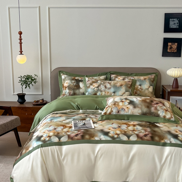 91家纺网 家纺一手货源 找家纺 金牛座家纺 2026新款高克重细斜纹丝柔质感亲肤数码印花宽边四件套-庄生晓梦 庄生晓梦-橄榄绿