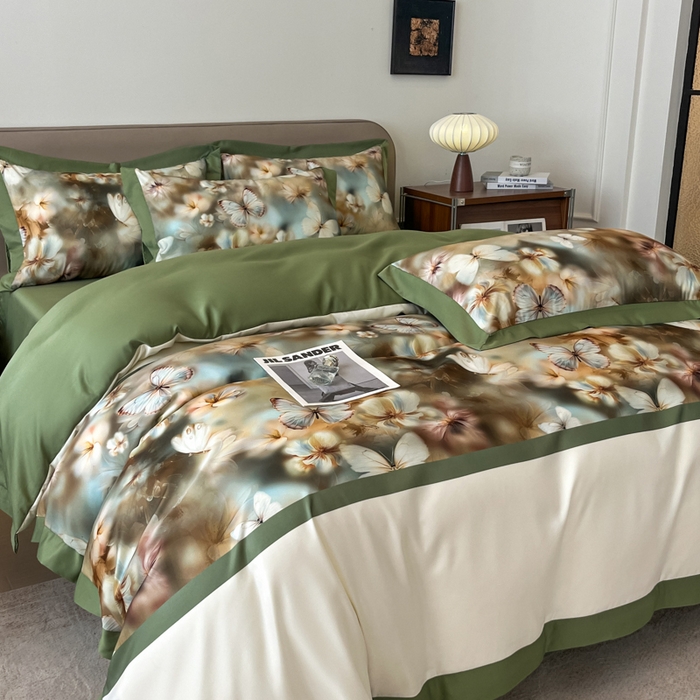 91家纺网 家纺一手货源 找家纺 金牛座家纺 2026新款高克重细斜纹丝柔质感亲肤数码印花宽边四件套-庄生晓梦 庄生晓梦-橄榄绿