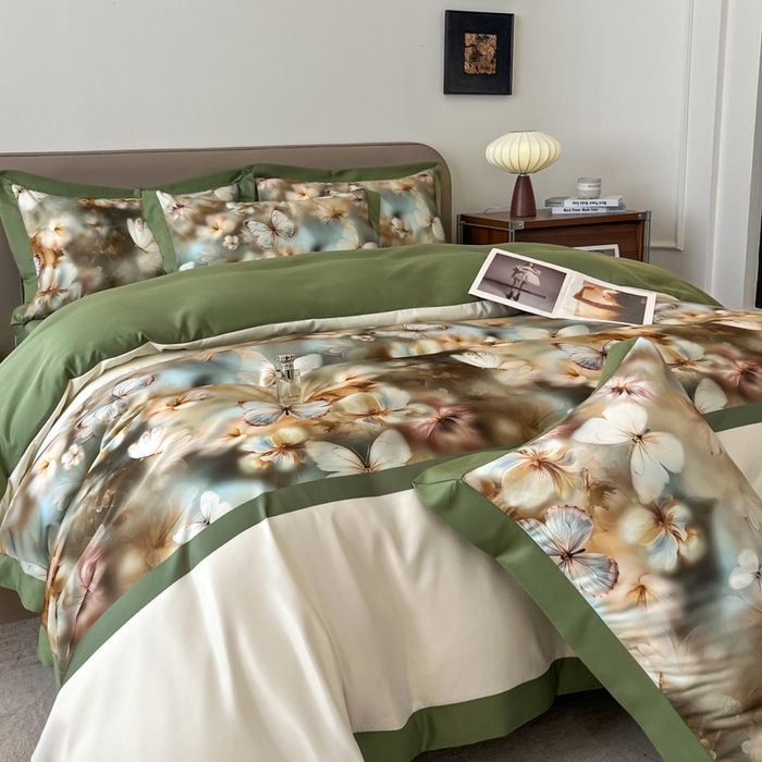 91家纺网 家纺一手货源 找家纺 金牛座家纺 2026新款高克重细斜纹丝柔质感亲肤数码印花宽边四件套-庄生晓梦 庄生晓梦-橄榄绿