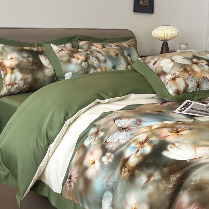 91家纺网 家纺一手货源 找家纺 金牛座家纺 2026新款高克重细斜纹丝柔质感亲肤数码印花宽边四件套-庄生晓梦 庄生晓梦-橄榄绿