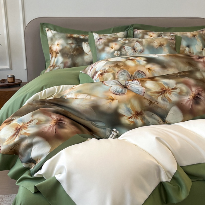 91家纺网 家纺一手货源 找家纺 金牛座家纺 2026新款高克重细斜纹丝柔质感亲肤数码印花宽边四件套-庄生晓梦 庄生晓梦-橄榄绿