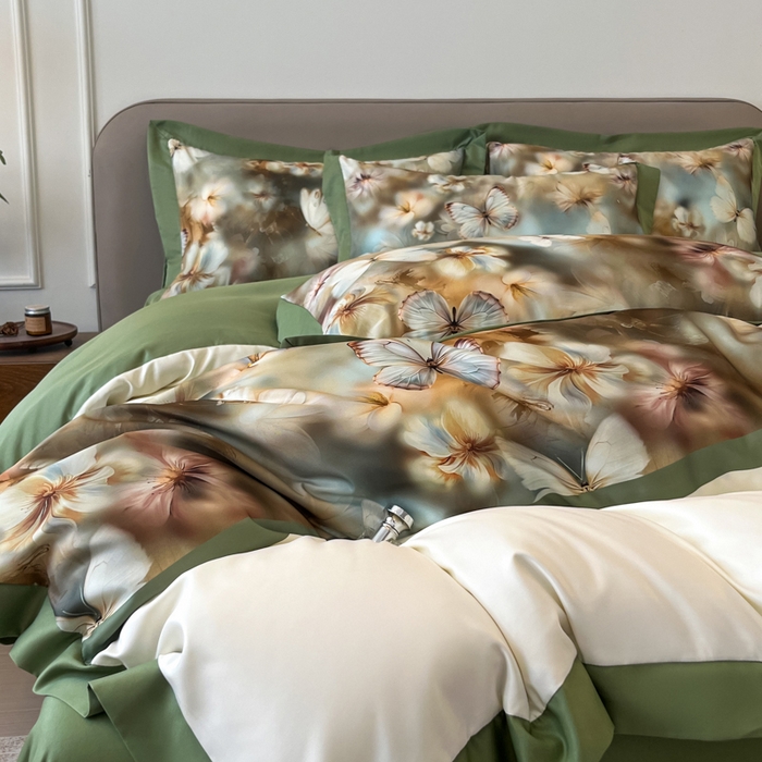 91家纺网 家纺一手货源 找家纺 金牛座家纺 2026新款高克重细斜纹丝柔质感亲肤数码印花宽边四件套-庄生晓梦 庄生晓梦-橄榄绿