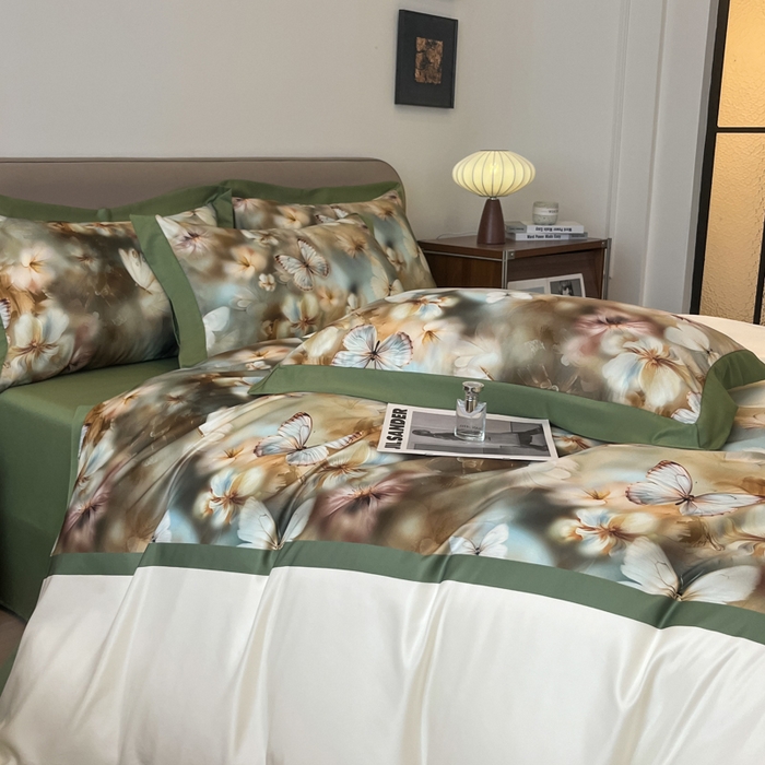 91家纺网 家纺一手货源 找家纺 金牛座家纺 2026新款高克重细斜纹丝柔质感亲肤数码印花宽边四件套-庄生晓梦 庄生晓梦-橄榄绿