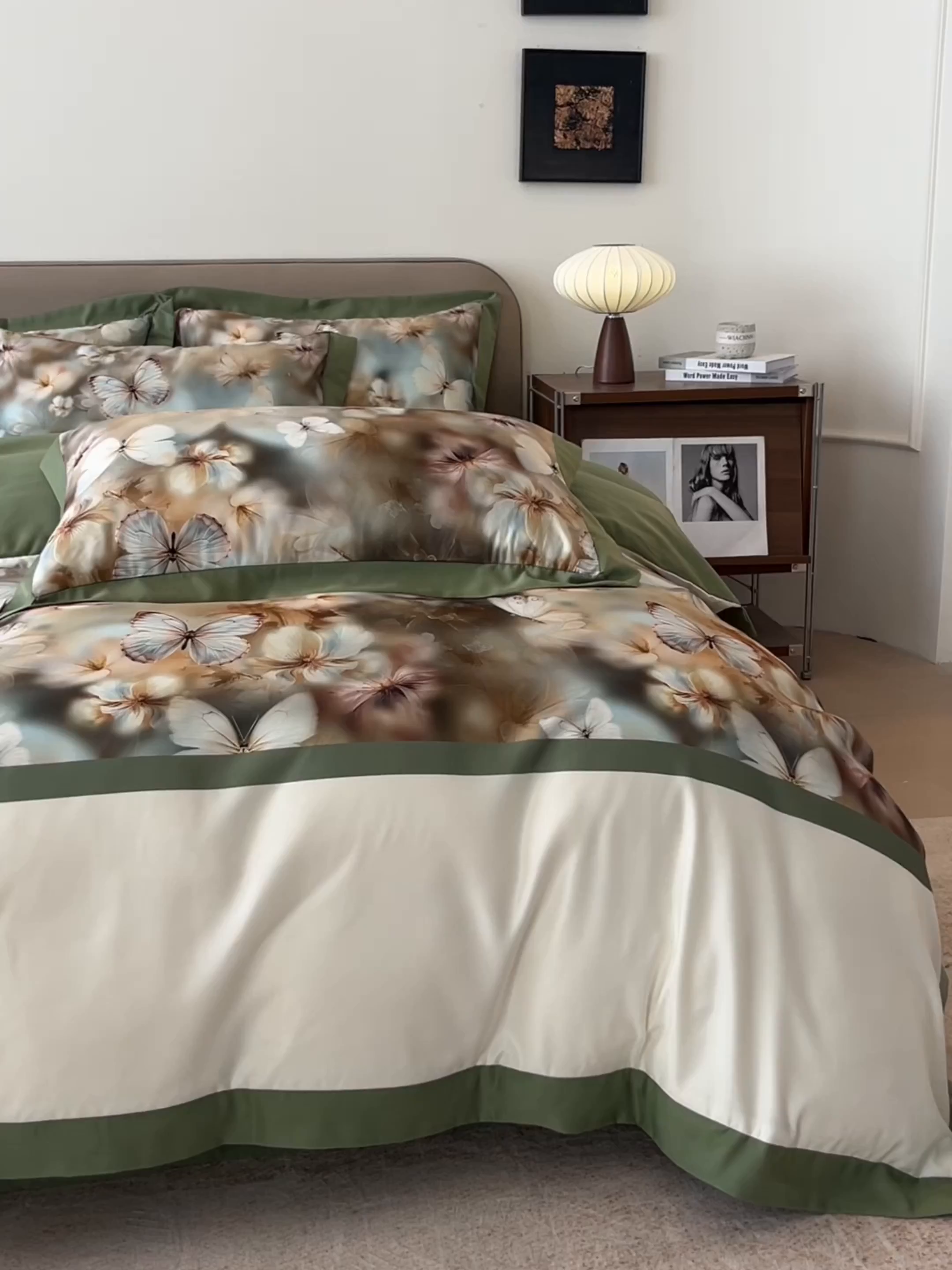 91家纺网 家纺一手货源 找家纺 金牛座家纺 2026新款高克重细斜纹丝柔质感亲肤数码印花宽边四件套-庄生晓梦 庄生晓梦-橄榄绿