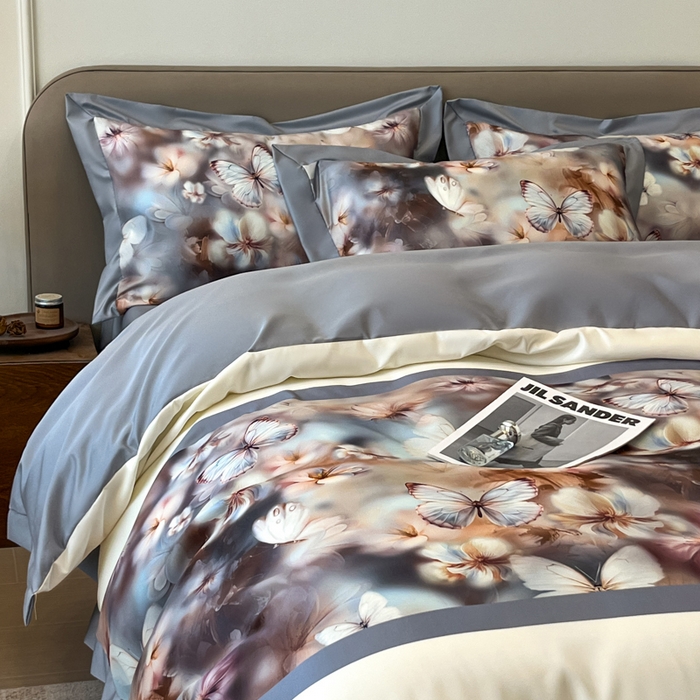 91家纺网 家纺一手货源 找家纺 金牛座家纺 2026新款高克重细斜纹丝柔质感亲肤数码印花宽边四件套-庄生晓梦 庄生晓梦-灰