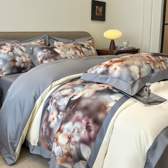 91家纺网 家纺一手货源 找家纺 金牛座家纺 2026新款高克重细斜纹丝柔质感亲肤数码印花宽边四件套-庄生晓梦 庄生晓梦-灰