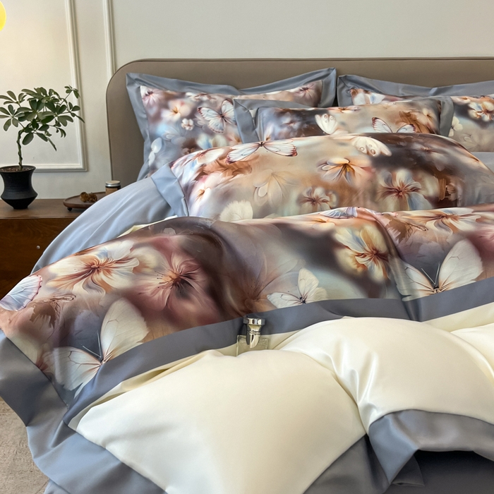 91家纺网 家纺一手货源 找家纺 金牛座家纺 2026新款高克重细斜纹丝柔质感亲肤数码印花宽边四件套-庄生晓梦 庄生晓梦-灰