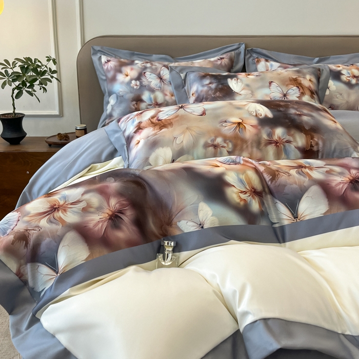 91家纺网 家纺一手货源 找家纺 金牛座家纺 2026新款高克重细斜纹丝柔质感亲肤数码印花宽边四件套-庄生晓梦 庄生晓梦-灰