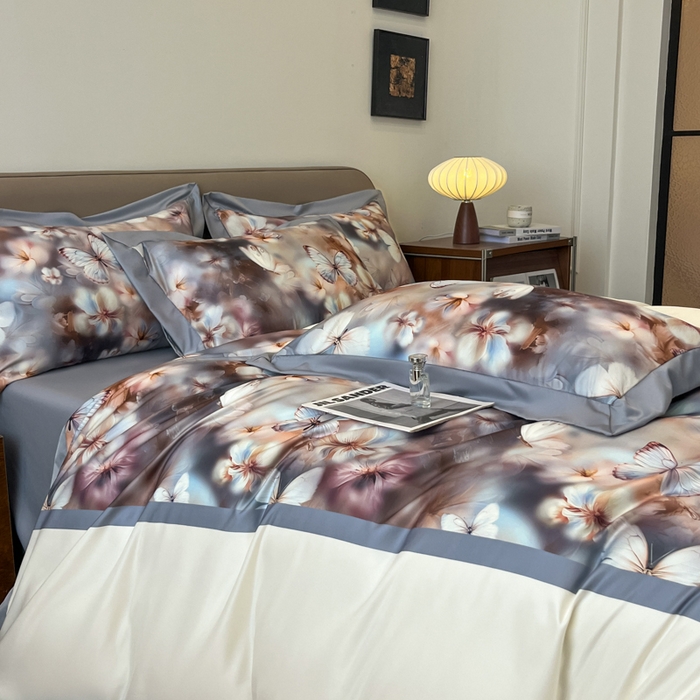 91家纺网 家纺一手货源 找家纺 金牛座家纺 2026新款高克重细斜纹丝柔质感亲肤数码印花宽边四件套-庄生晓梦 庄生晓梦-灰