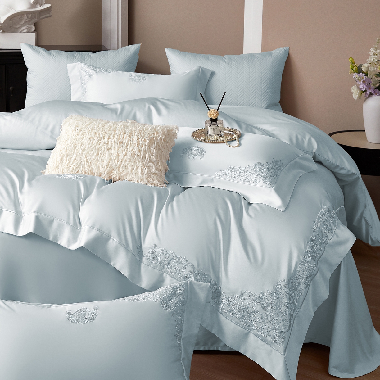 91家纺网 家纺一手货源 找家纺 蒂爵 2026新款天丝棉提花四件套 冰川蓝