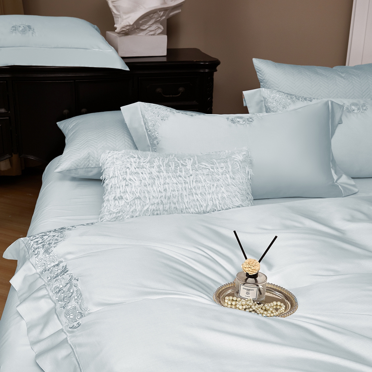 91家纺网 家纺一手货源 找家纺 蒂爵 2026新款天丝棉提花四件套 冰川蓝