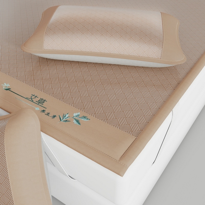 91家纺网 家纺一手货源 找家纺 好艺佳毛毯 2026新款艾草凉席冰丝席绣花高密碳光软席PE饼干花三件套学生宿舍可机洗水洗 艾草冰丝席-摩尼咖