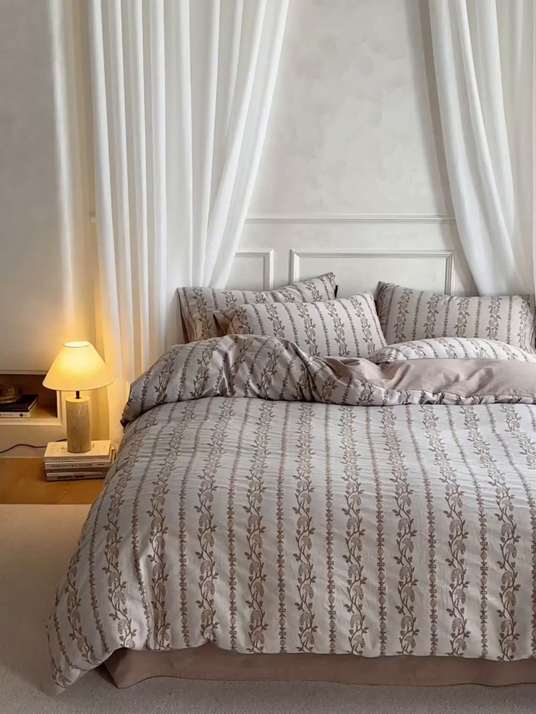 91家纺网 家纺一手货源 找家纺 风向标家纺 2026新款厚织提花麻感水洗全棉四件套-风格二 茉白-麻咖