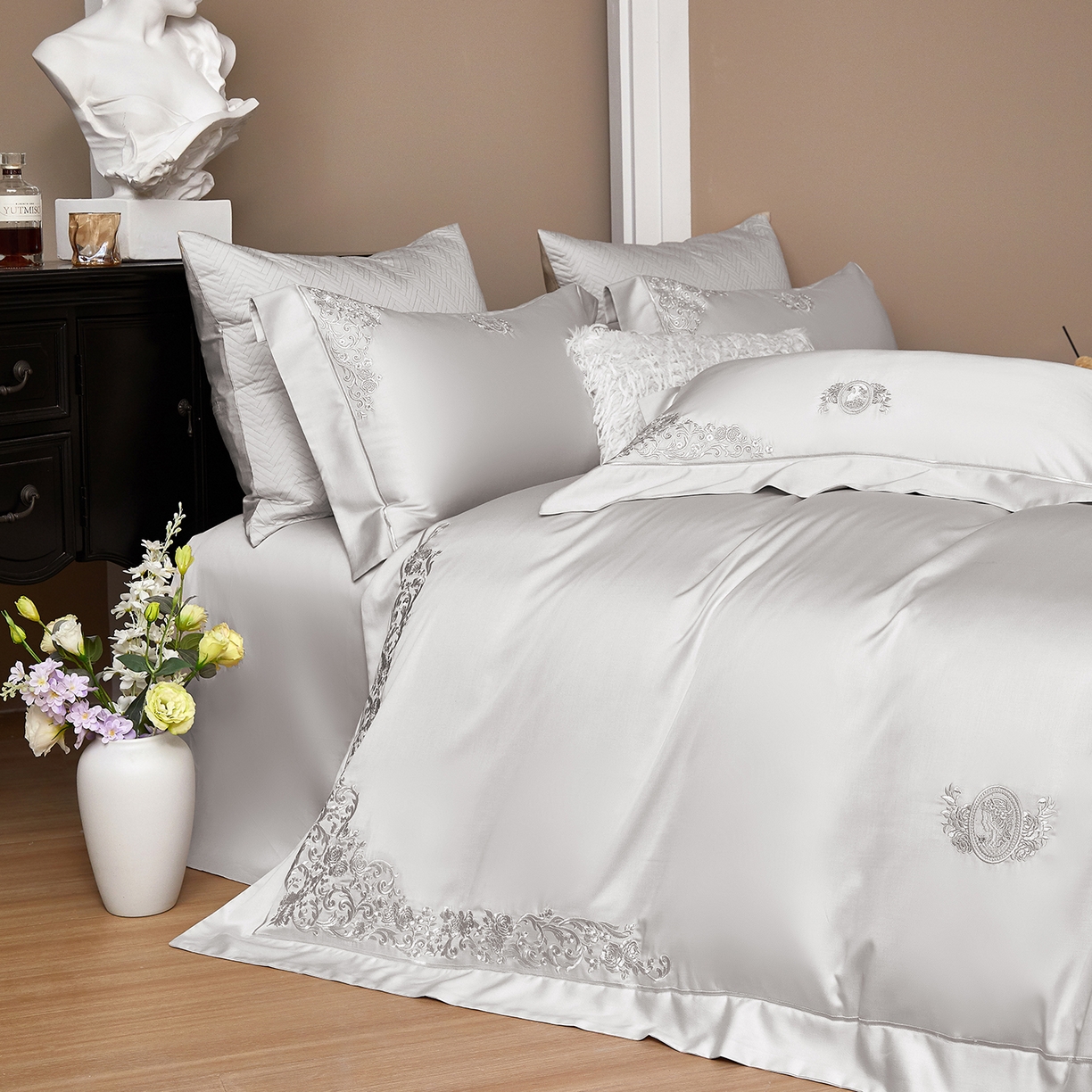 91家纺网 家纺一手货源 找家纺 蒂爵 2026新款天丝棉提花四件套 高级灰