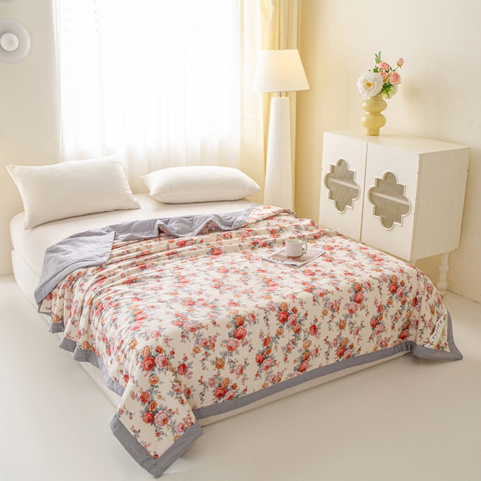 91家纺网 家纺一手货源 找家纺 锦鹭被业 2026新款A类里外全棉印花夏被夏凉被空调被 玫瑰园-灰