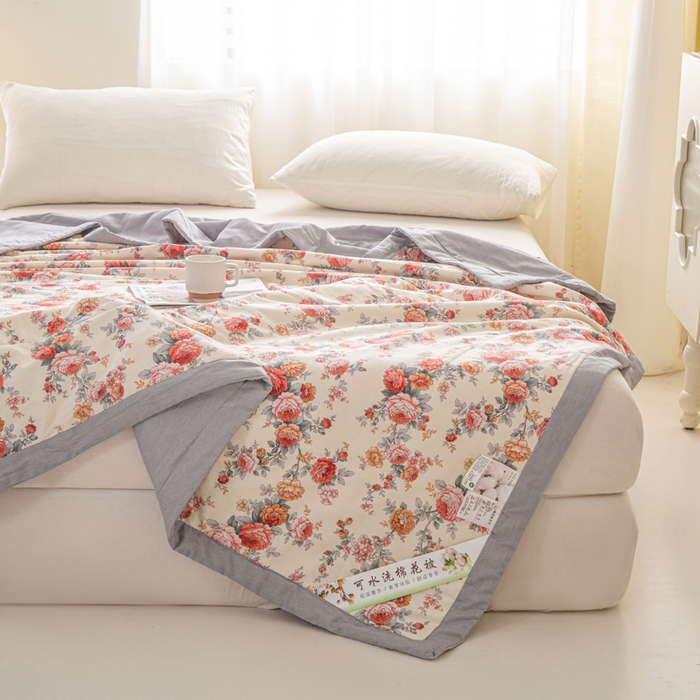 91家纺网 家纺一手货源 找家纺 锦鹭被业 2026新款A类里外全棉印花夏被夏凉被空调被 玫瑰园-灰