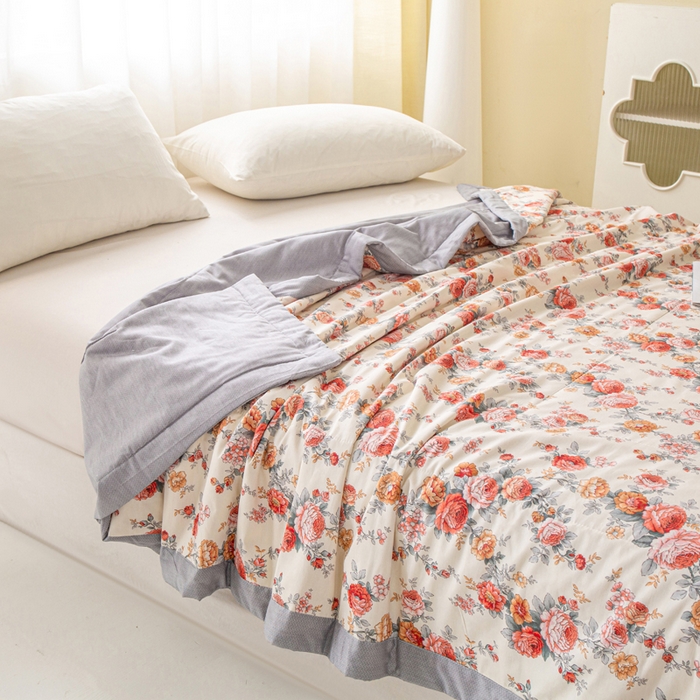 91家纺网 家纺一手货源 找家纺 锦鹭被业 2026新款A类里外全棉印花夏被夏凉被空调被 玫瑰园-灰