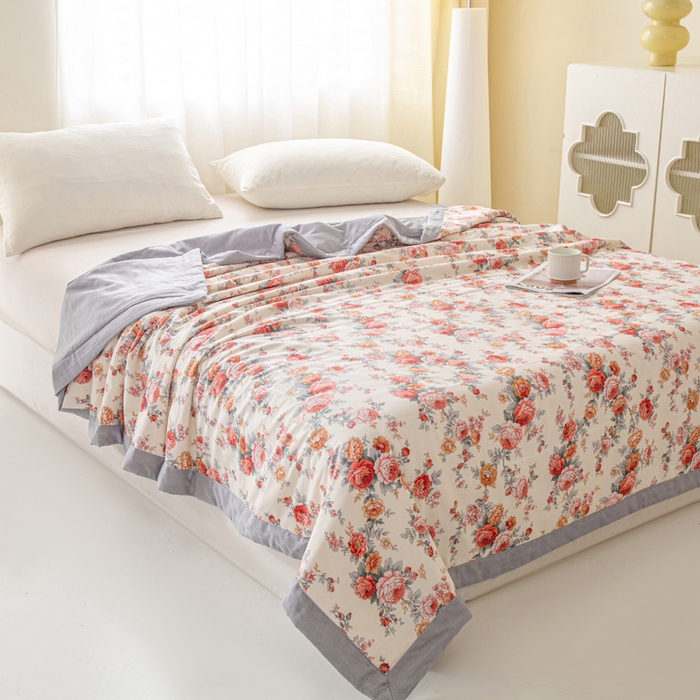 91家纺网 家纺一手货源 找家纺 锦鹭被业 2026新款A类里外全棉印花夏被夏凉被空调被 玫瑰园-灰