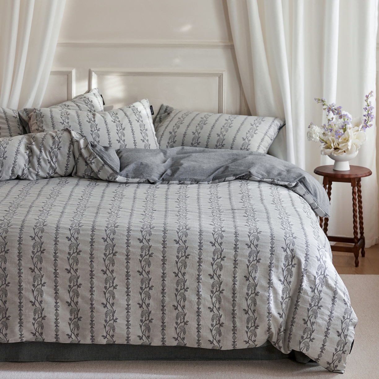 91家纺网 家纺一手货源 找家纺 风向标家纺 2026新款厚织提花麻感水洗全棉四件套-风格二 茉白-麻蓝