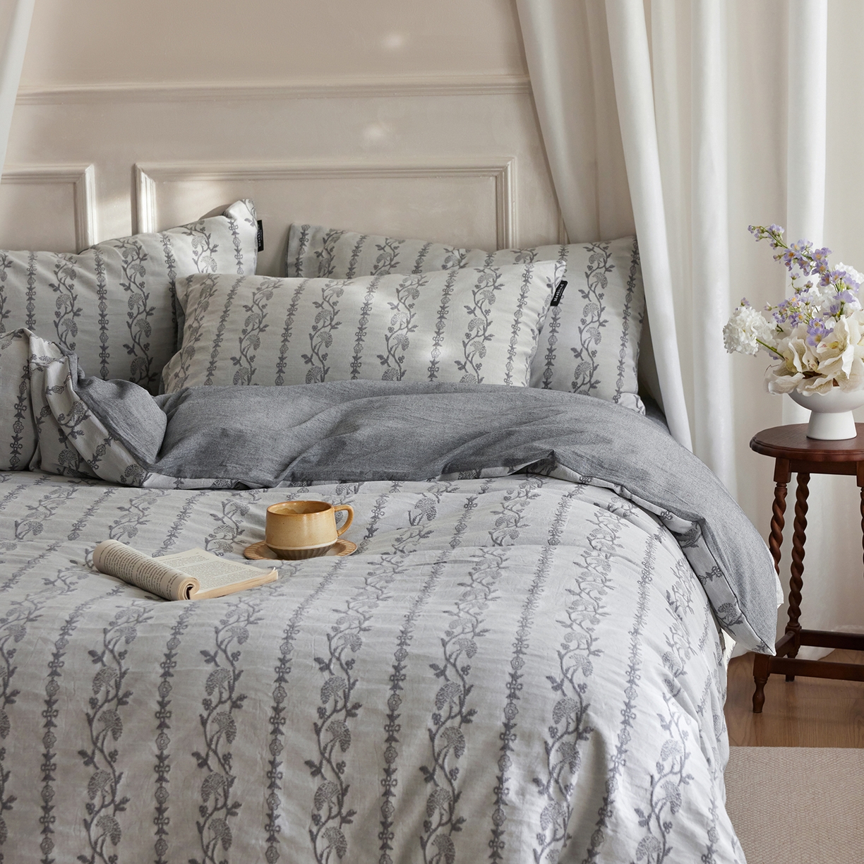 91家纺网 家纺一手货源 找家纺 风向标家纺 2026新款厚织提花麻感水洗全棉四件套-风格二 茉白-麻蓝