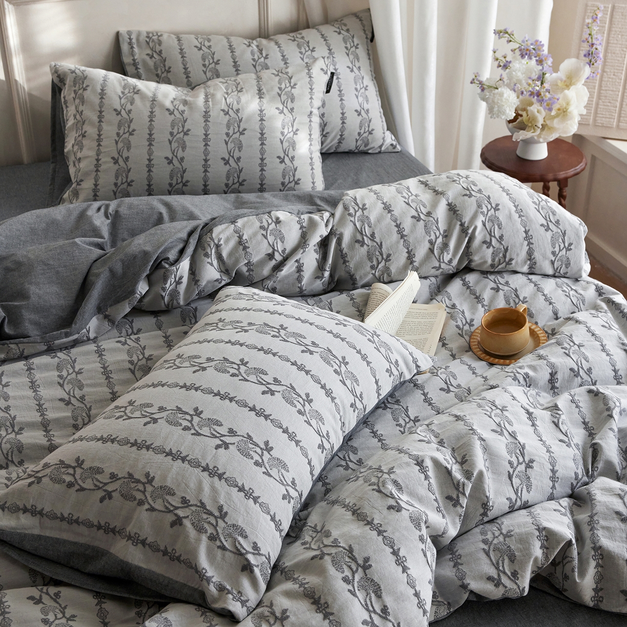 91家纺网 家纺一手货源 找家纺 风向标家纺 2026新款厚织提花麻感水洗全棉四件套-风格二 茉白-麻蓝