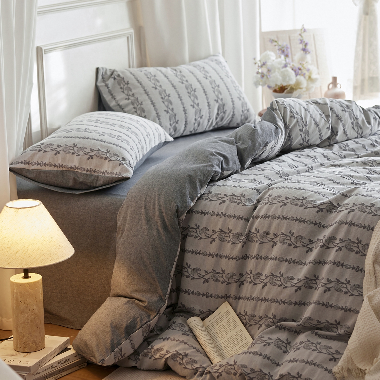 91家纺网 家纺一手货源 找家纺 风向标家纺 2026新款厚织提花麻感水洗全棉四件套-风格二 茉白-麻蓝