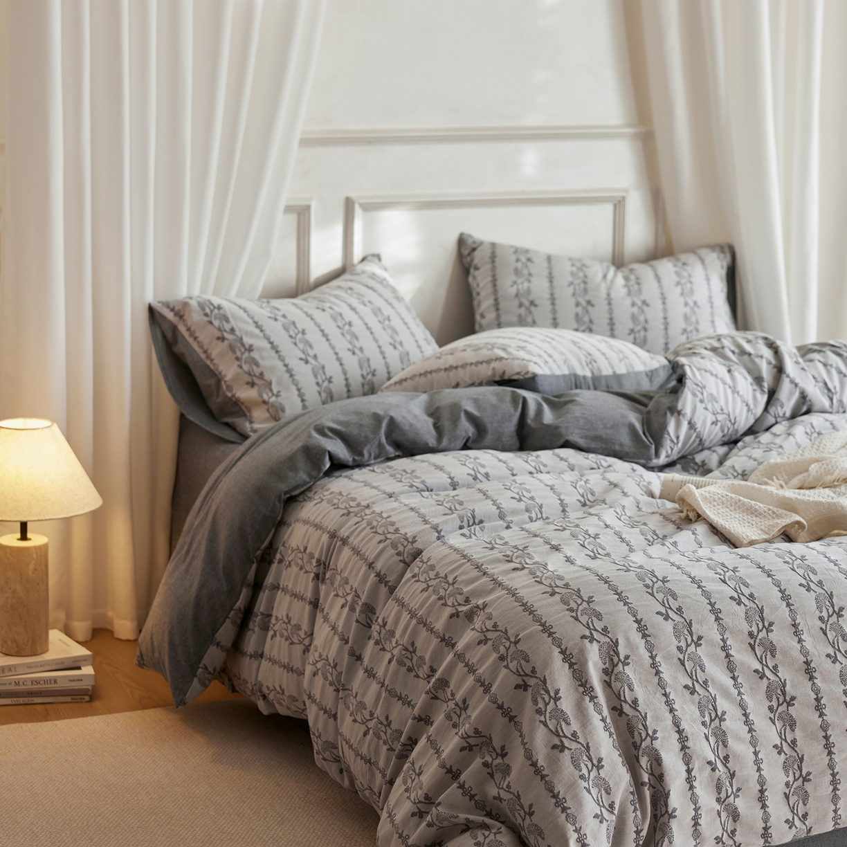 91家纺网 家纺一手货源 找家纺 风向标家纺 2026新款厚织提花麻感水洗全棉四件套-风格二 茉白-麻蓝