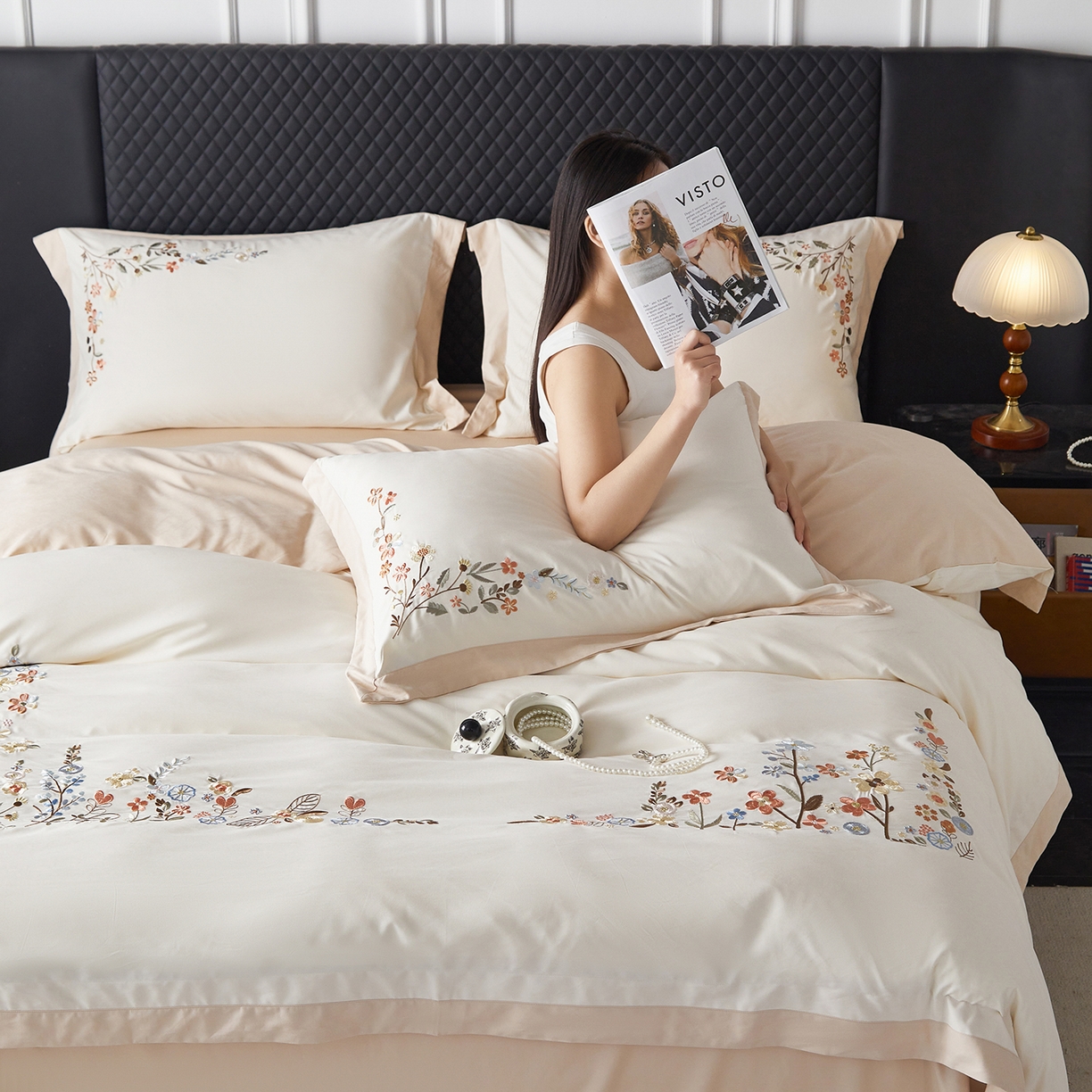 91家纺网 家纺一手货源 找家纺 （总）遇见家居生活馆 2026新款罗云棉刺绣四件套-春日茶会