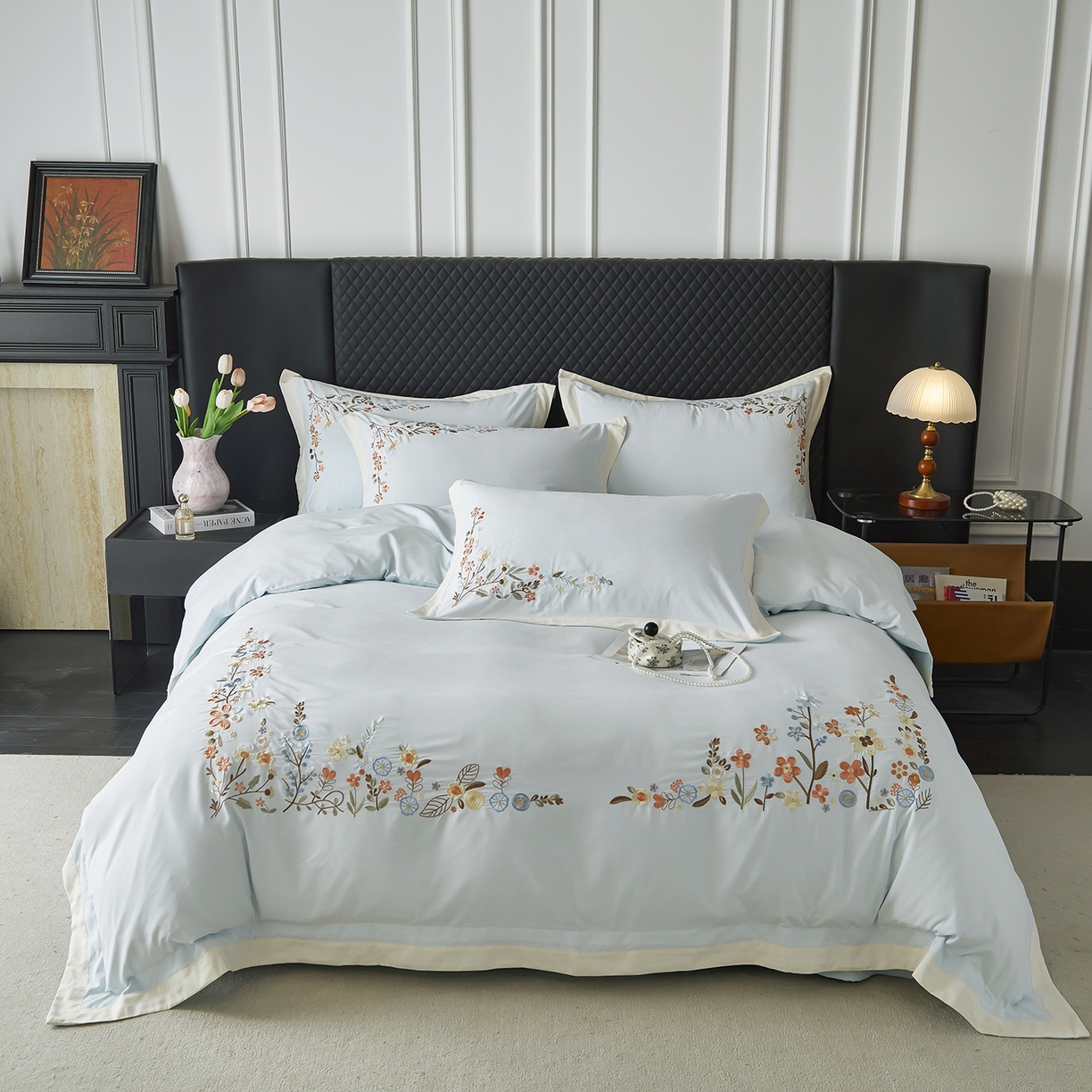 91家纺网 家纺一手货源 找家纺 遇见家居生活馆 2026新款罗云棉刺绣四件套-春日茶会 冰薄荷