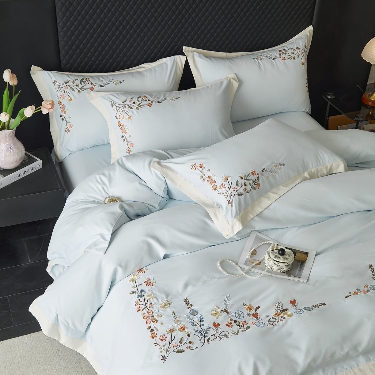 91家纺网 家纺一手货源 找家纺 遇见家居生活馆 2026新款罗云棉刺绣四件套-春日茶会 冰薄荷