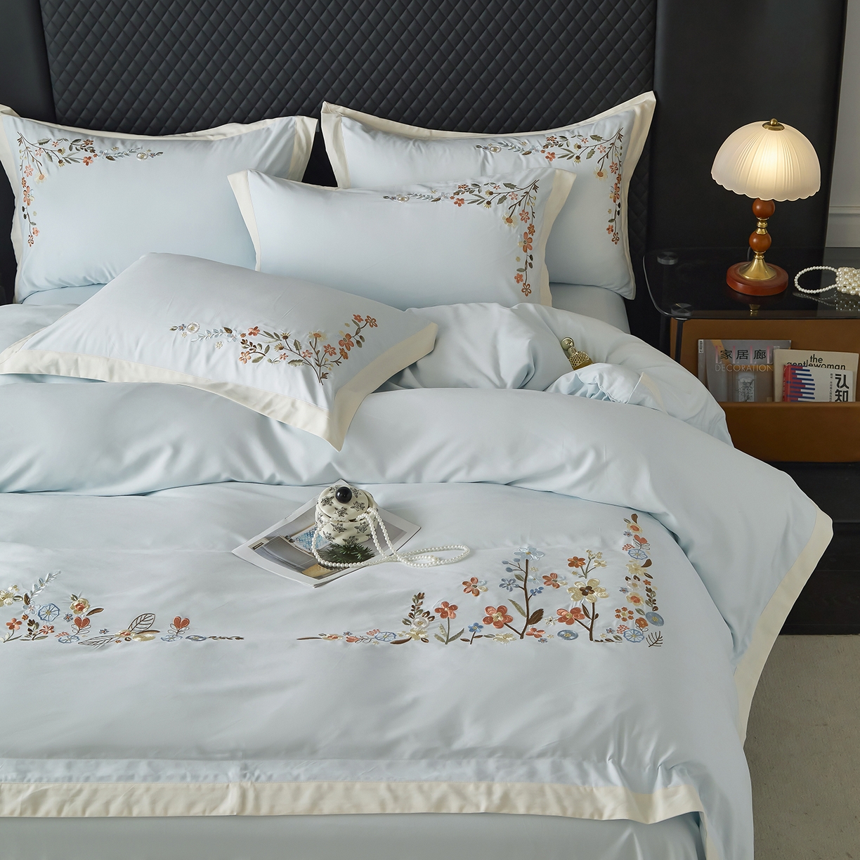 91家纺网 家纺一手货源 找家纺 遇见家居生活馆 2026新款罗云棉刺绣四件套-春日茶会 冰薄荷