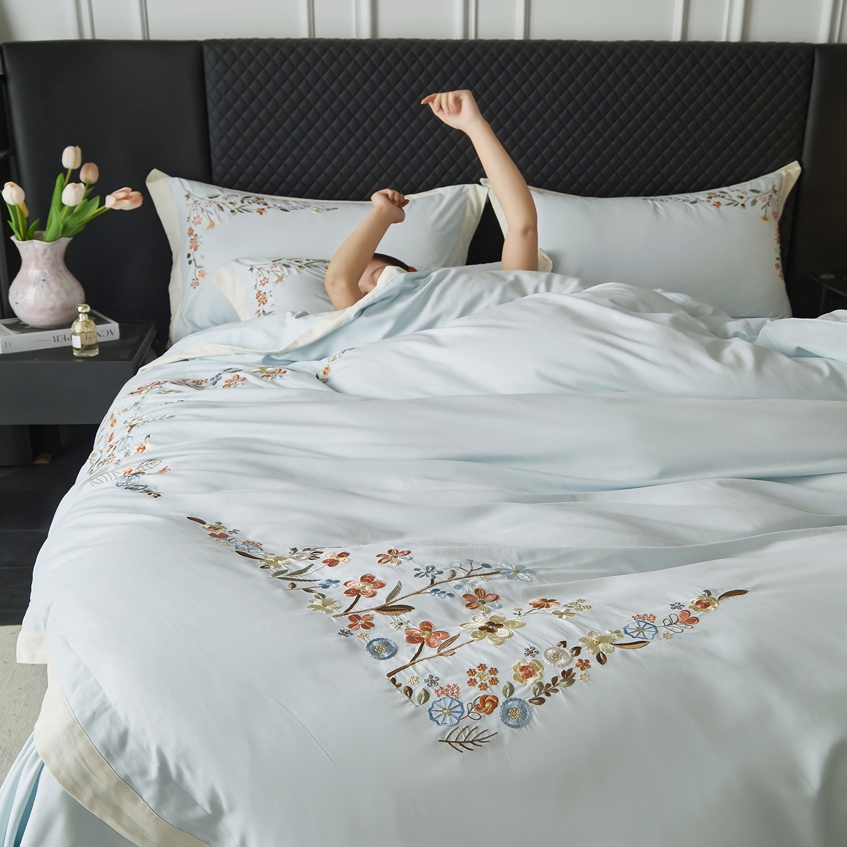 91家纺网 家纺一手货源 找家纺 遇见家居生活馆 2026新款罗云棉刺绣四件套-春日茶会 冰薄荷