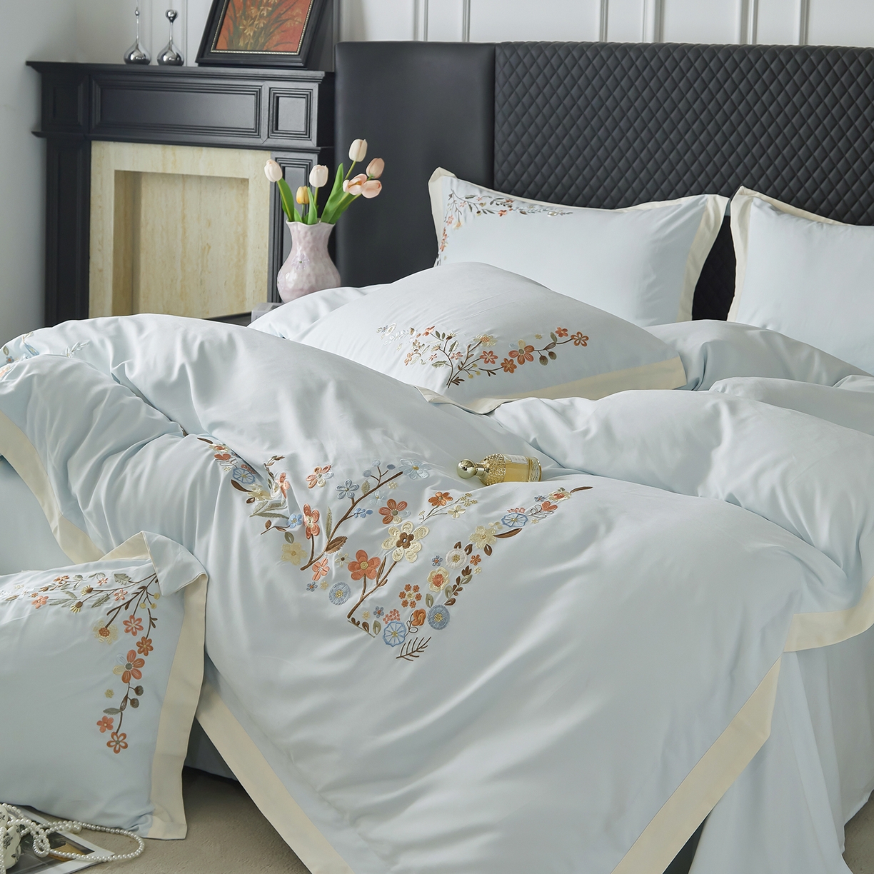 91家纺网 家纺一手货源 找家纺 遇见家居生活馆 2026新款罗云棉刺绣四件套-春日茶会 冰薄荷