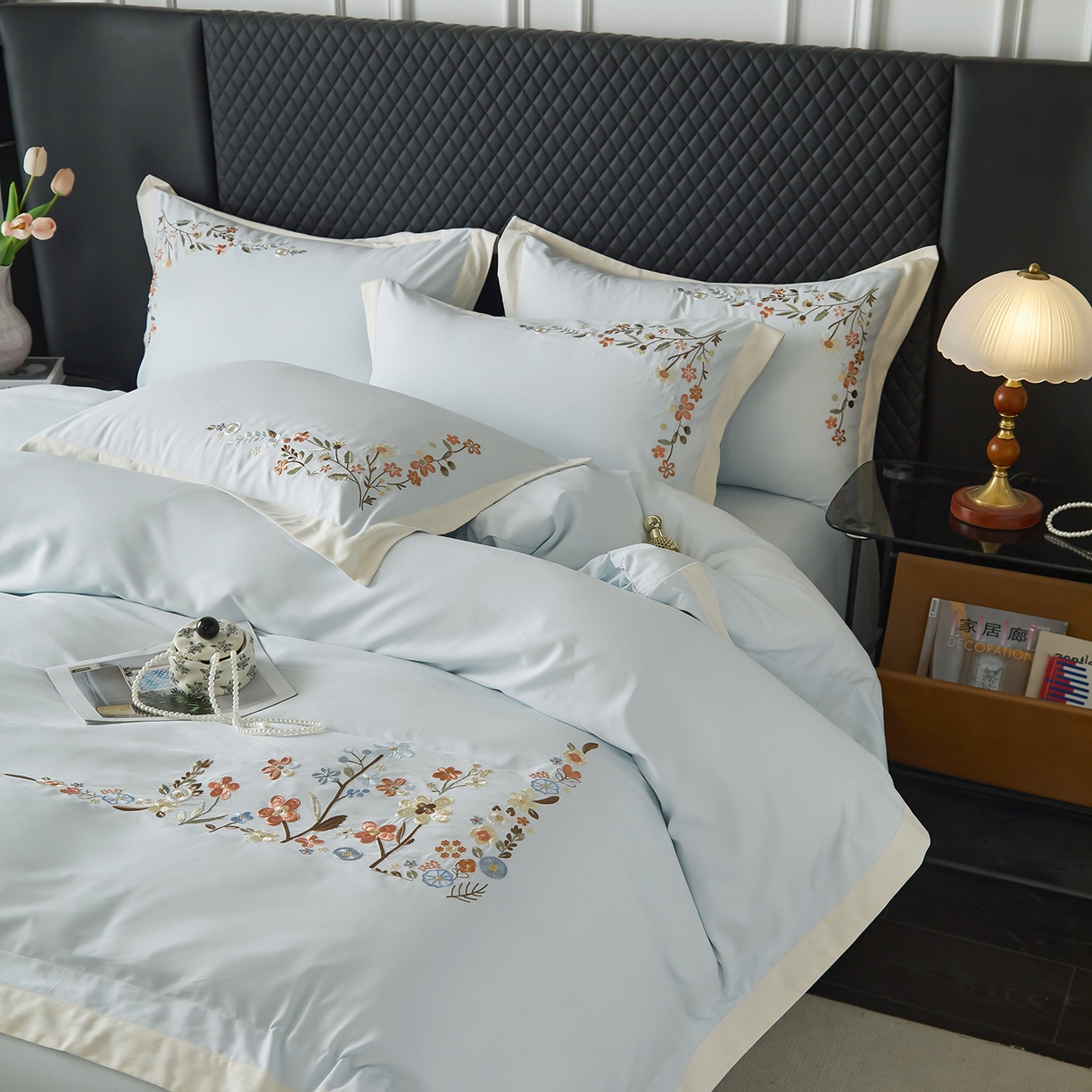 91家纺网 家纺一手货源 找家纺 遇见家居生活馆 2026新款罗云棉刺绣四件套-春日茶会 冰薄荷