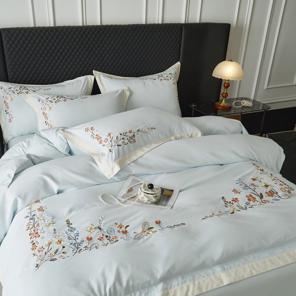 91家纺网 家纺一手货源 找家纺 遇见家居生活馆 2026新款罗云棉刺绣四件套-春日茶会 冰薄荷